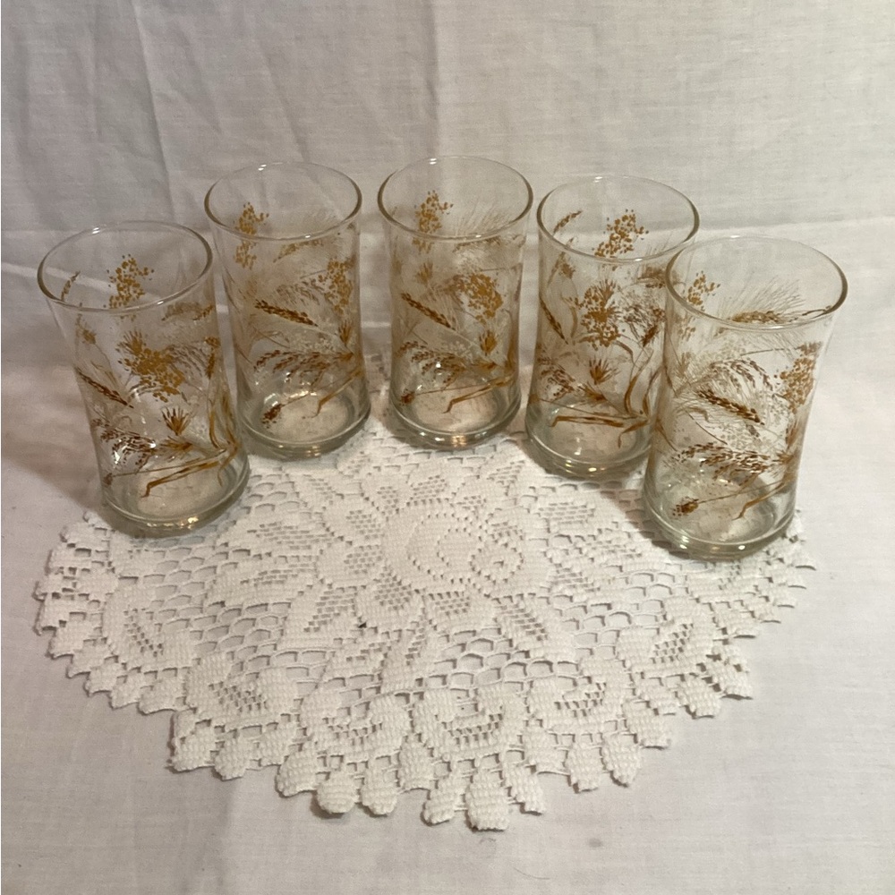 Wheat Pattern Vintage Juice Glass Tumblers Set of 5 Gold & White Great Paint